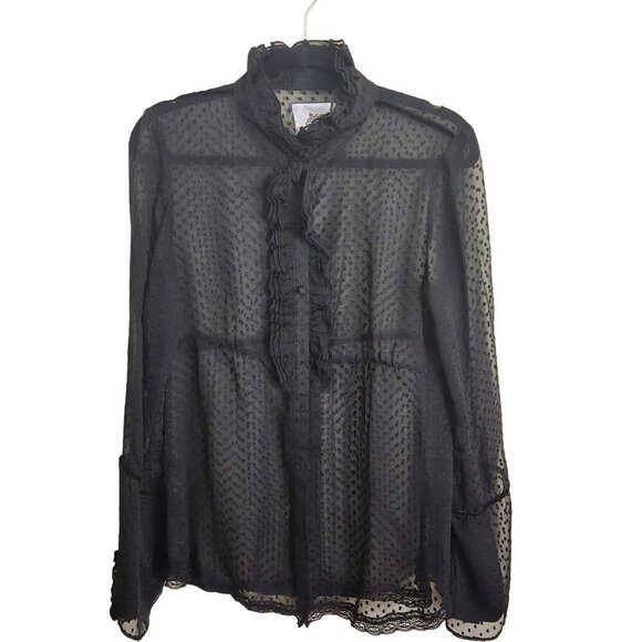 Joseph Ribkoff Vintage Sheer 100% Silk Black Swiss Dot Ruffled Blouse Size L* - Picture 1 of 6